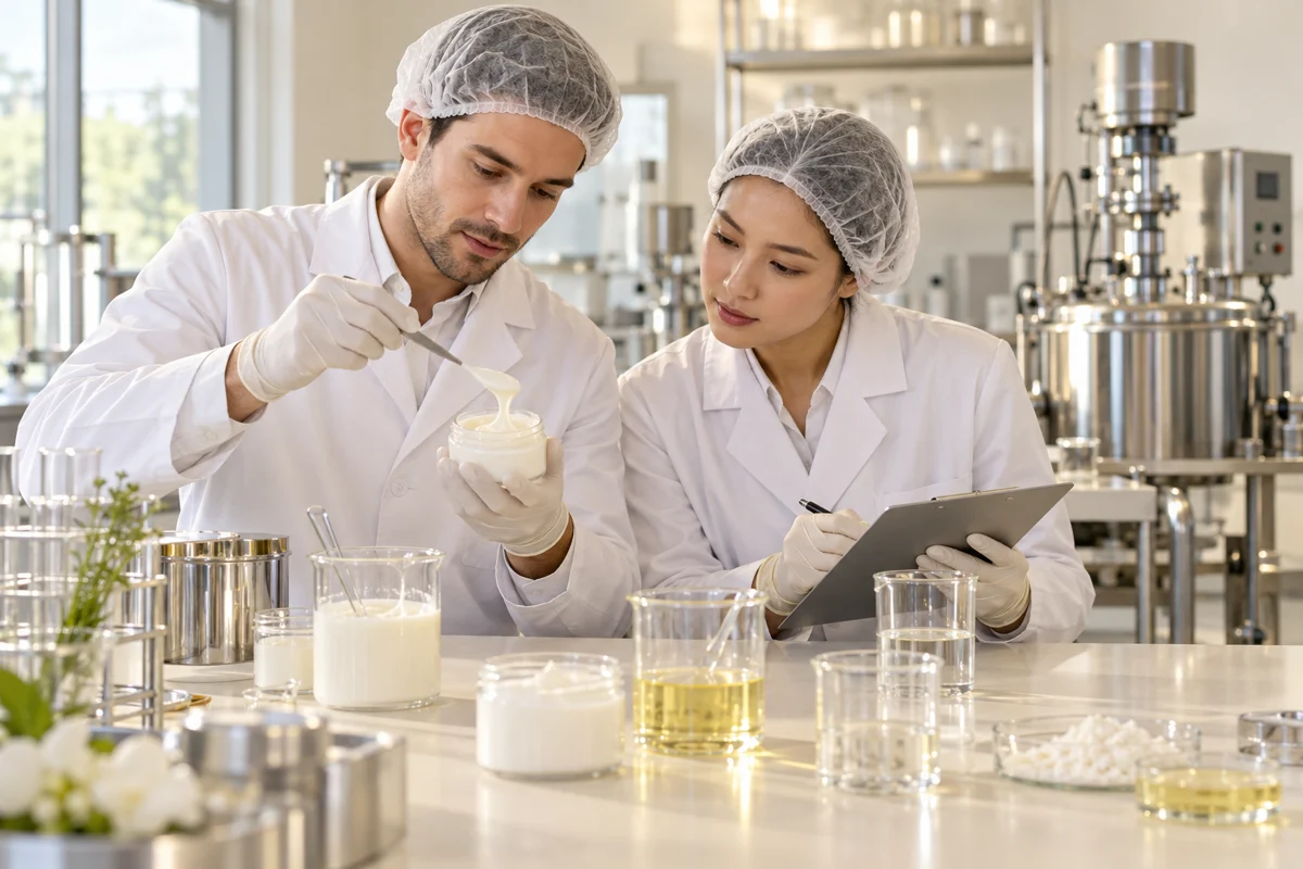 Ilustração conceitual de pesquisadores avaliando uma formulação cosmética em laboratório